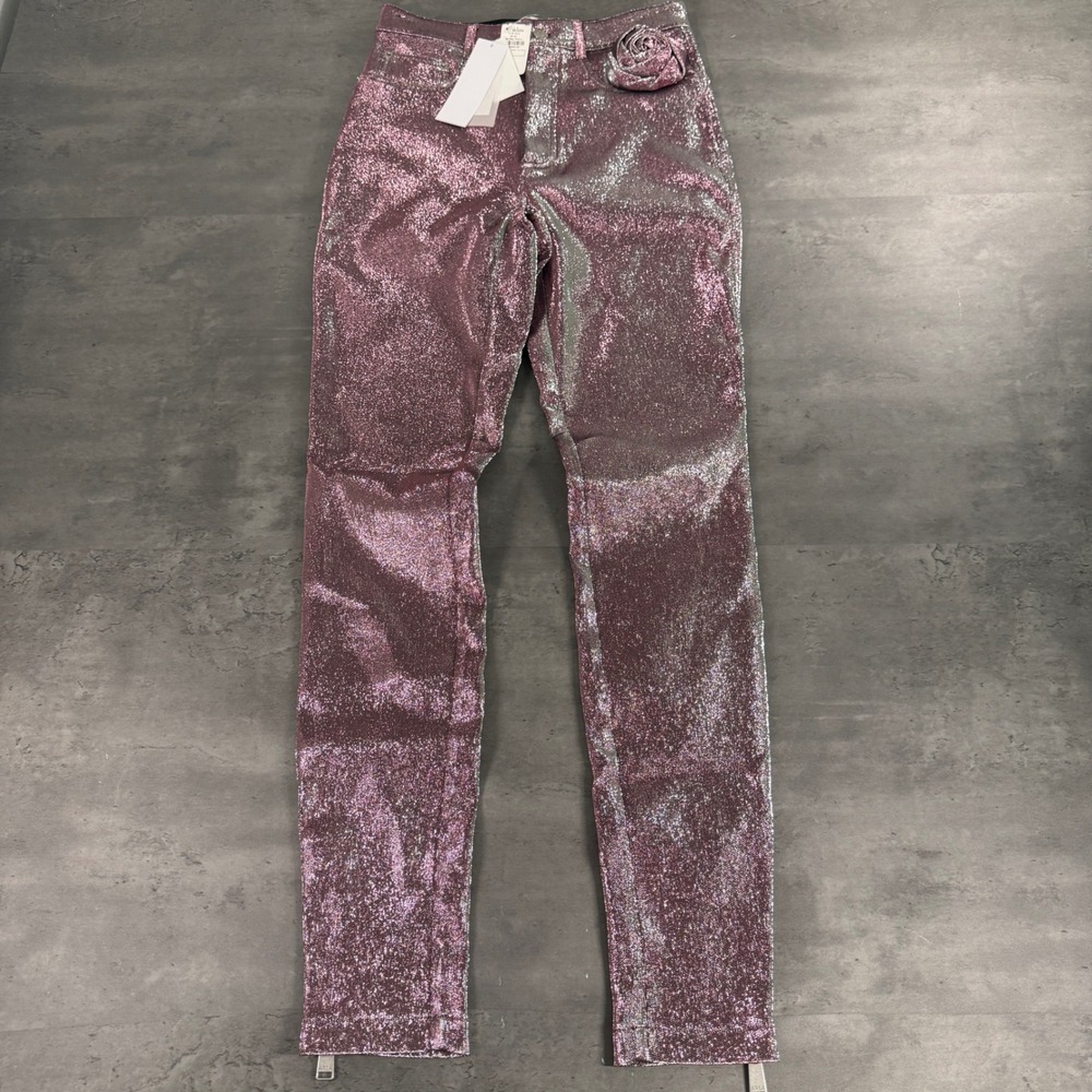 AREA Stretch Lame Rosette Leggings M Pink Silver Metallic High Rise $895‎ Italy